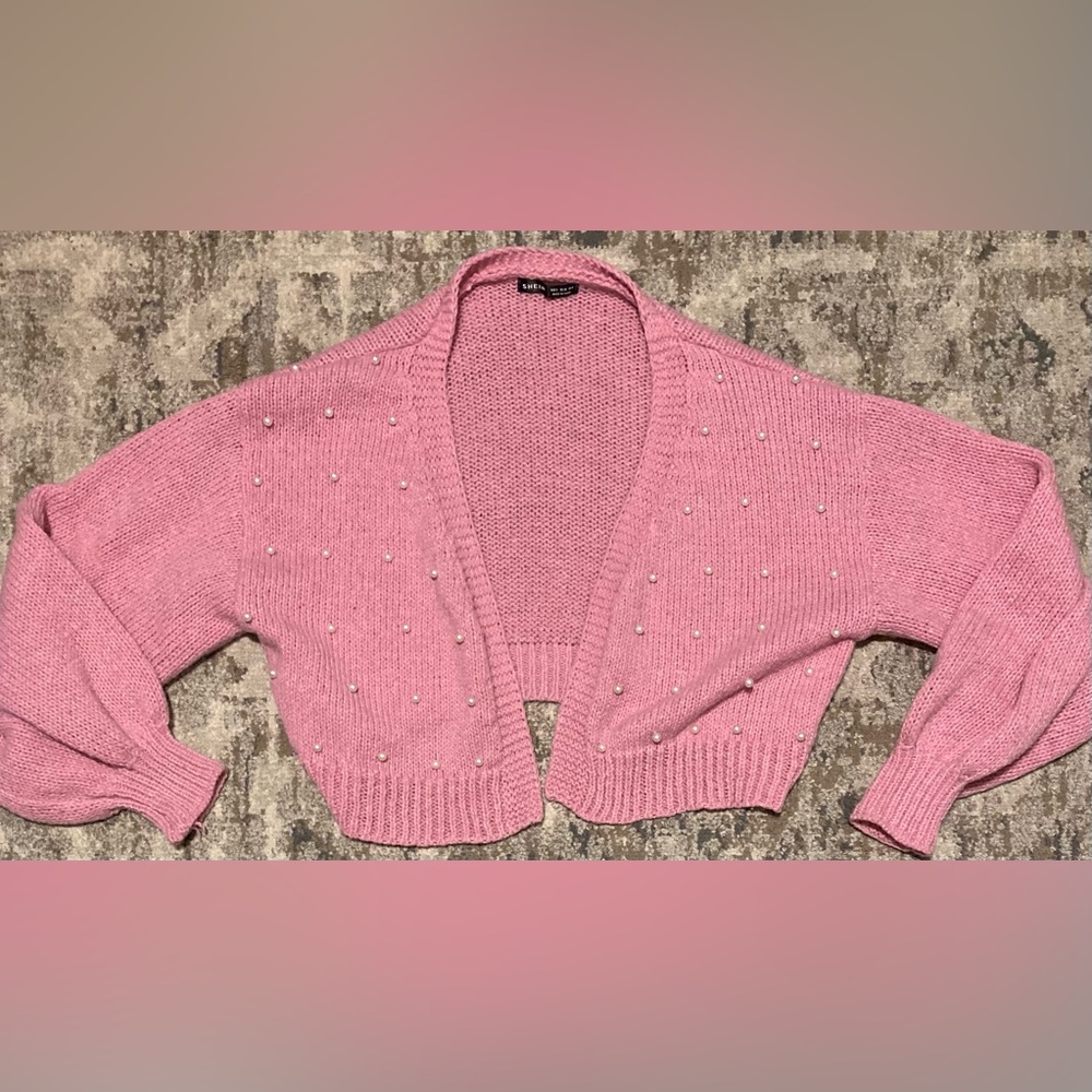SHEIN Pink Cropped Beaded Cardigan - Small NWOT